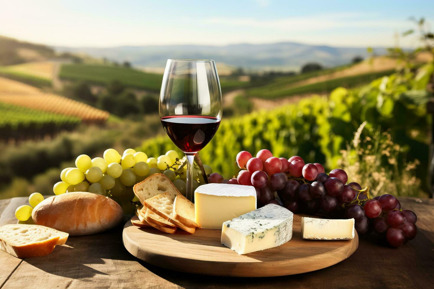 vermelho vinho com queijo servido em de madeira pranchas Vinhedo em fundo foto