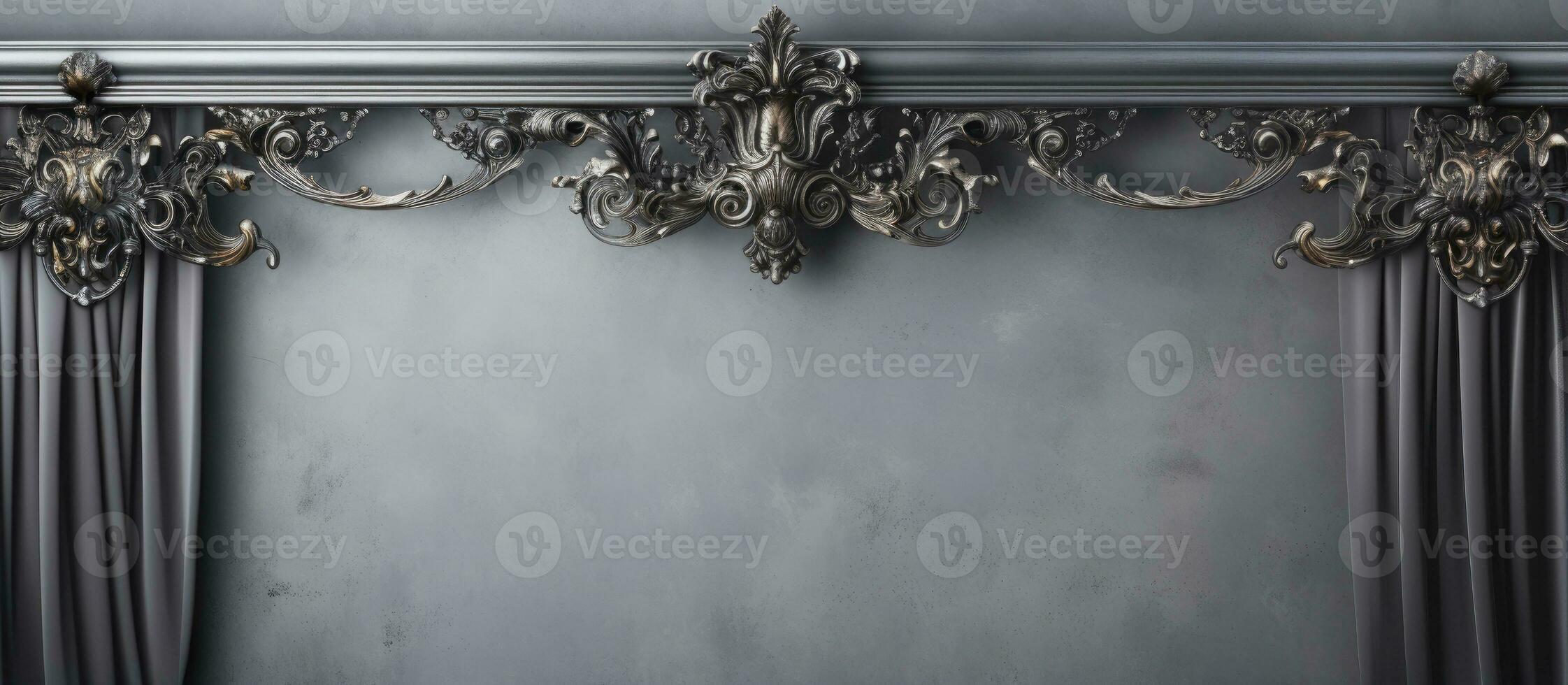 metal cortina Cajado e decorativo termina em uma cinzento pano de fundo metal florões para cornijas foto
