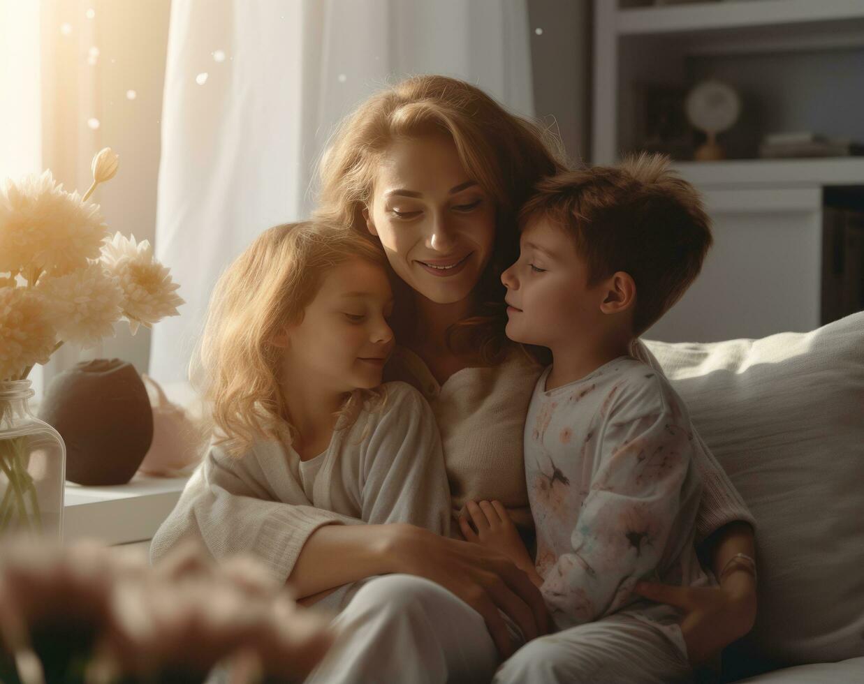 feliz mãe e filha partilha alguns flores em sofá dentro a casa foto