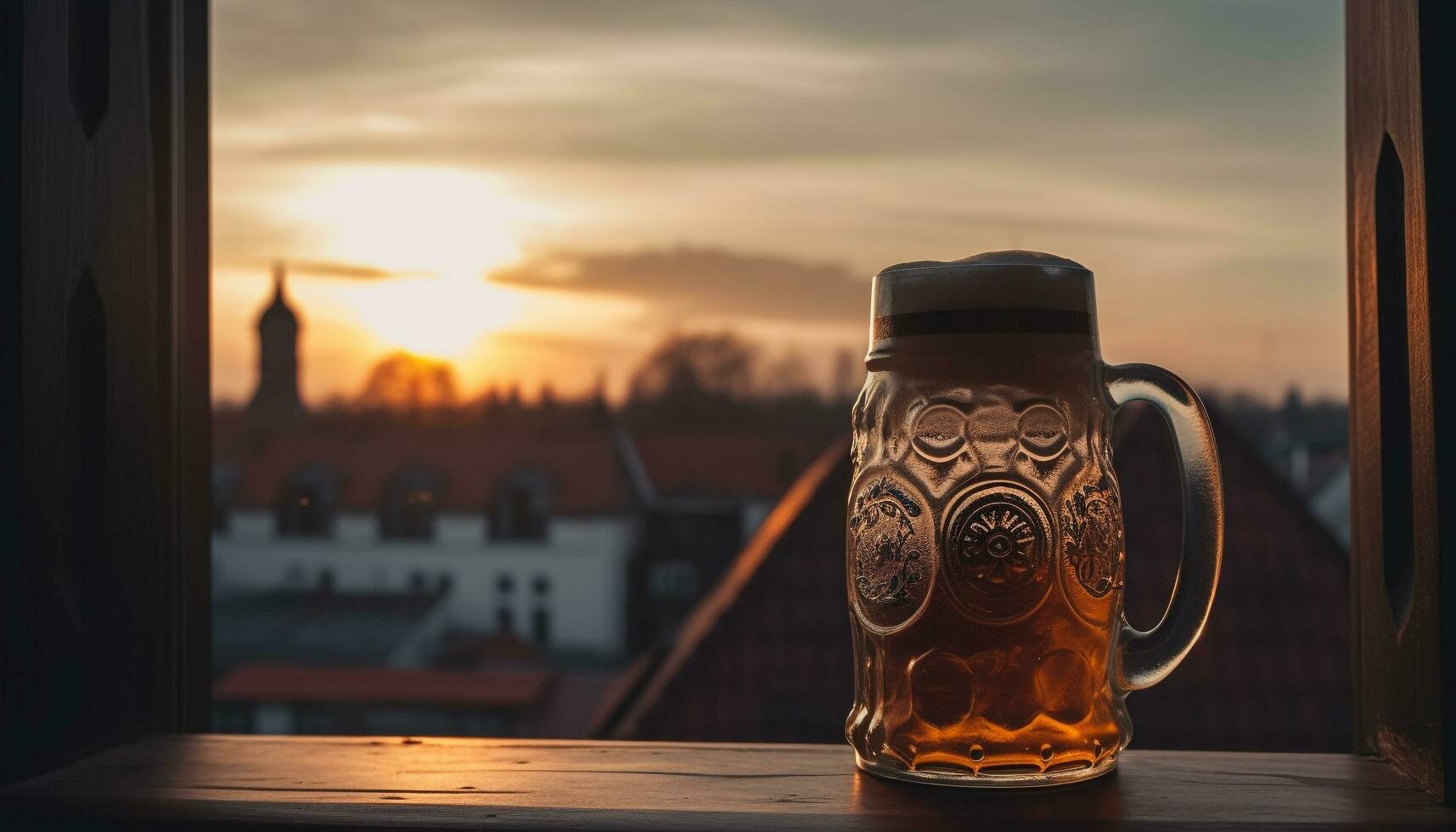pôr do sol sobre uma de madeira mesa, Cerveja caneca, e bávaro celebração gerado de ai foto
