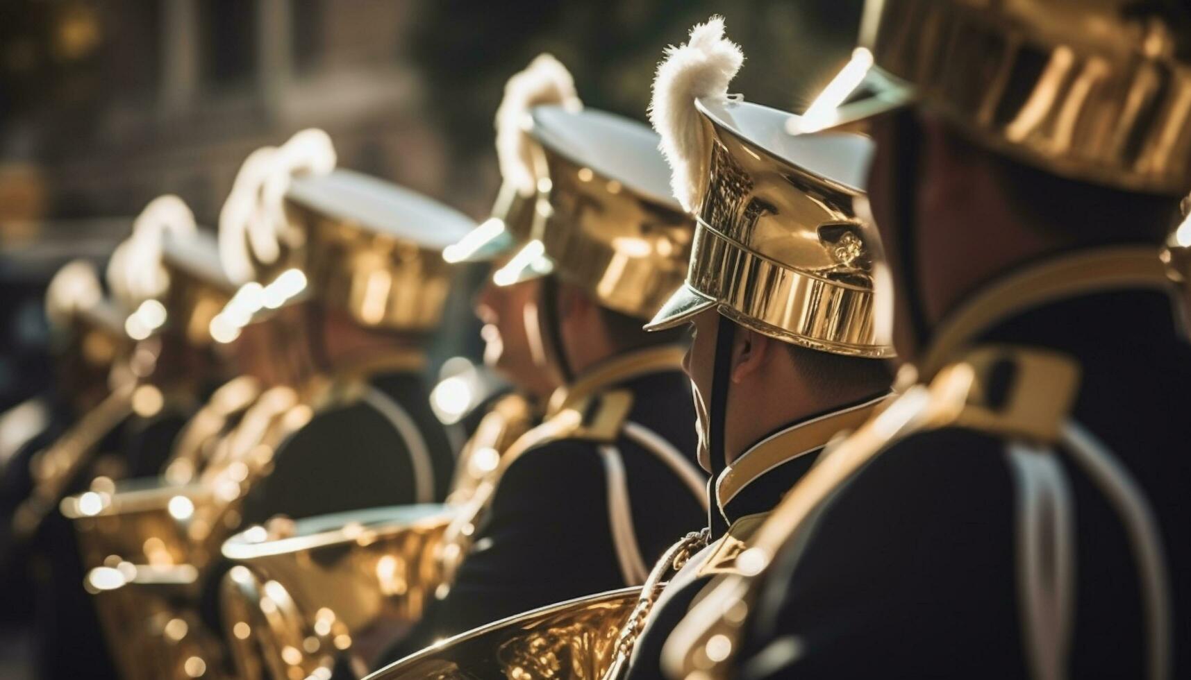 homens dentro militares uniformes parada com latão instrumentos e capacetes gerado de ai foto