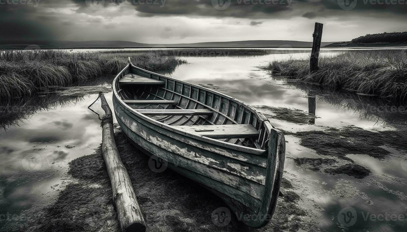 tranquilo cena velho barco a remo em grama, refletindo natureza beleza gerado de ai foto