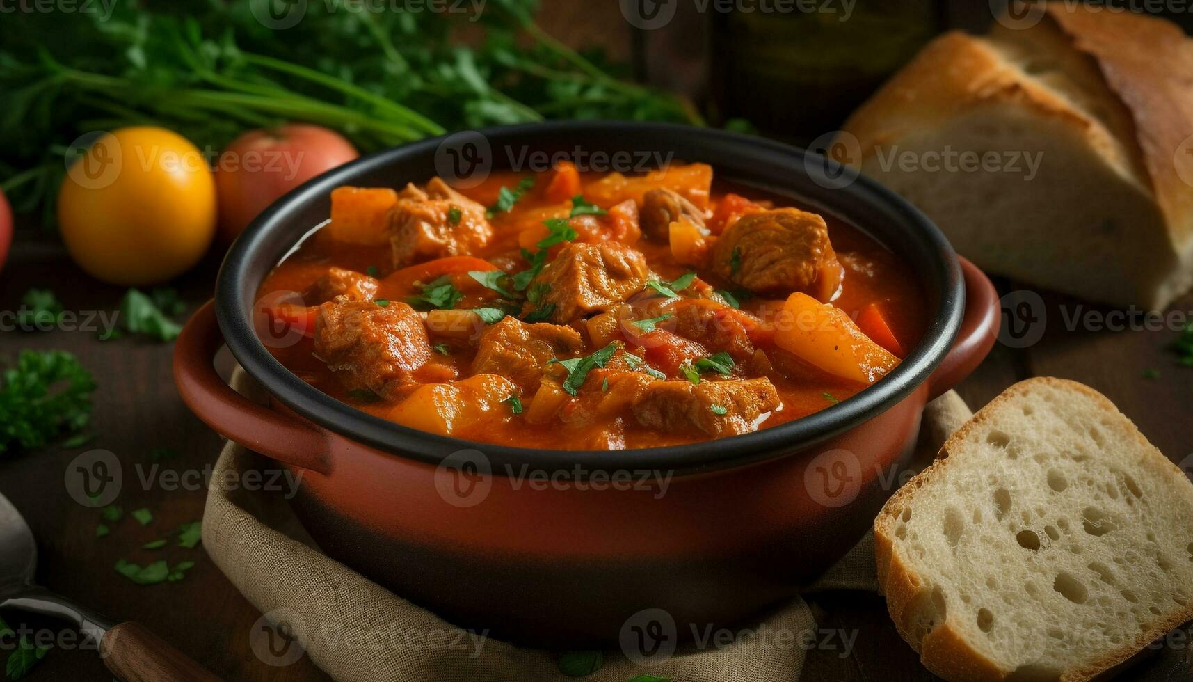 uma rústico caseiro carne ensopado com fresco legumes e ervas gerado de ai foto