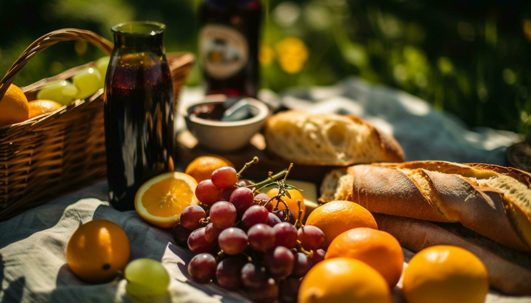 fresco fruta piquenique uva, pão, natureza, saudável comendo, orgânico, ao ar livre gerado de ai foto