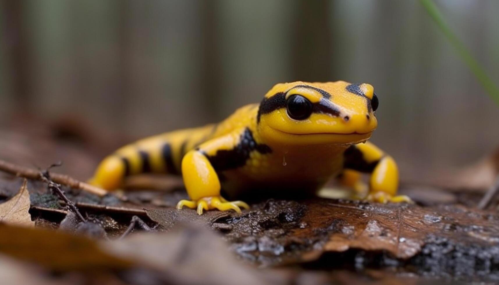 uma fofa amarelo salamandra sentado em uma verde folha gerado de ai foto