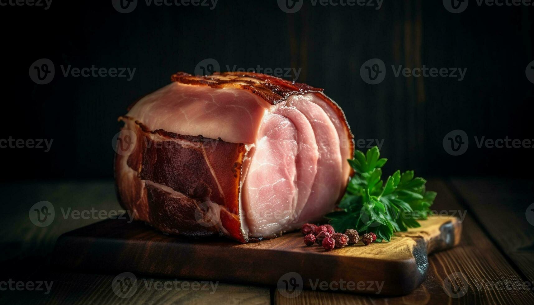 defumado carne de porco fatia em rústico de madeira mesa, delicioso Delicatessen gerado de ai foto