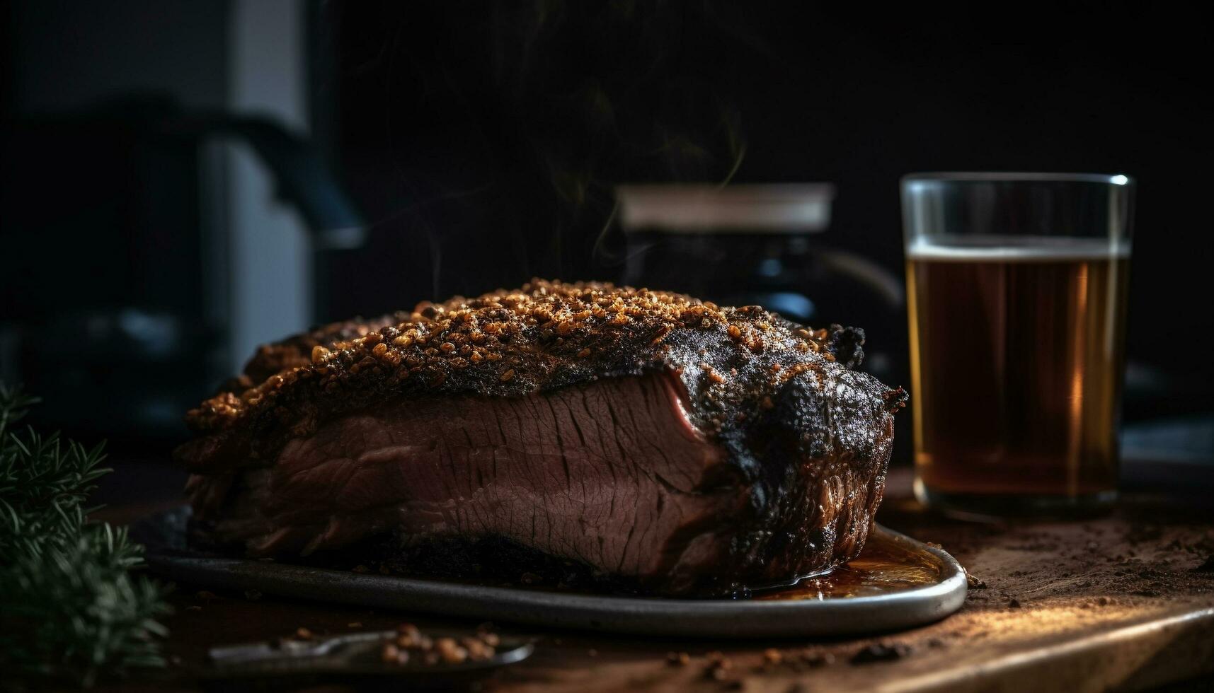 grelhado carne em uma Sombrio mesa, cozinhou para perfeição gerado de ai foto