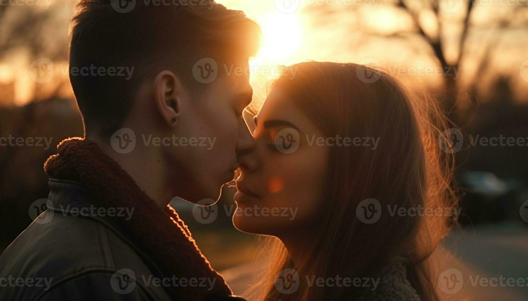 jovem casal abraçando, se beijando, desfrutando pôr do sol, criando lindo recordações juntos gerado de ai foto