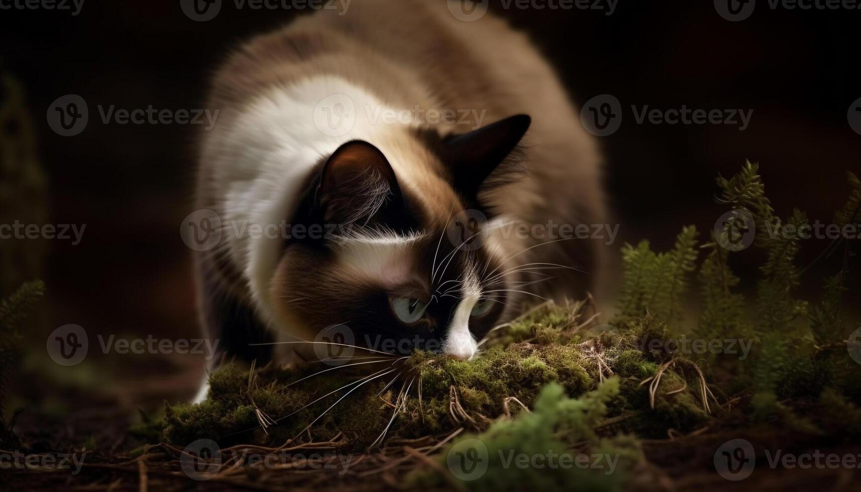 fofa gatinho sentado em grama, encarando com curioso verde olhos gerado de ai foto