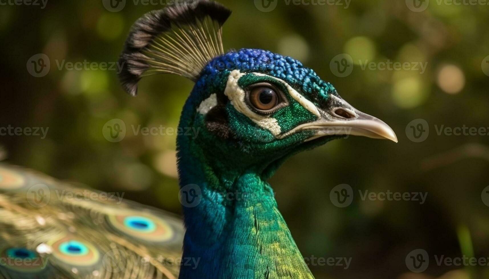 uma vibrante pavão monitores Está majestoso beleza dentro natureza gerado de ai foto