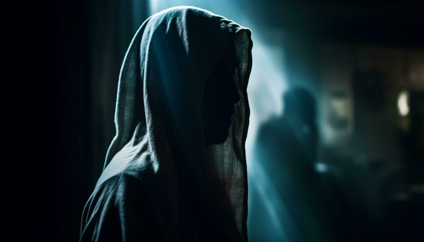 uma assustador silhueta anda em dentro a escuro, vestindo uma religioso véu gerado de ai foto