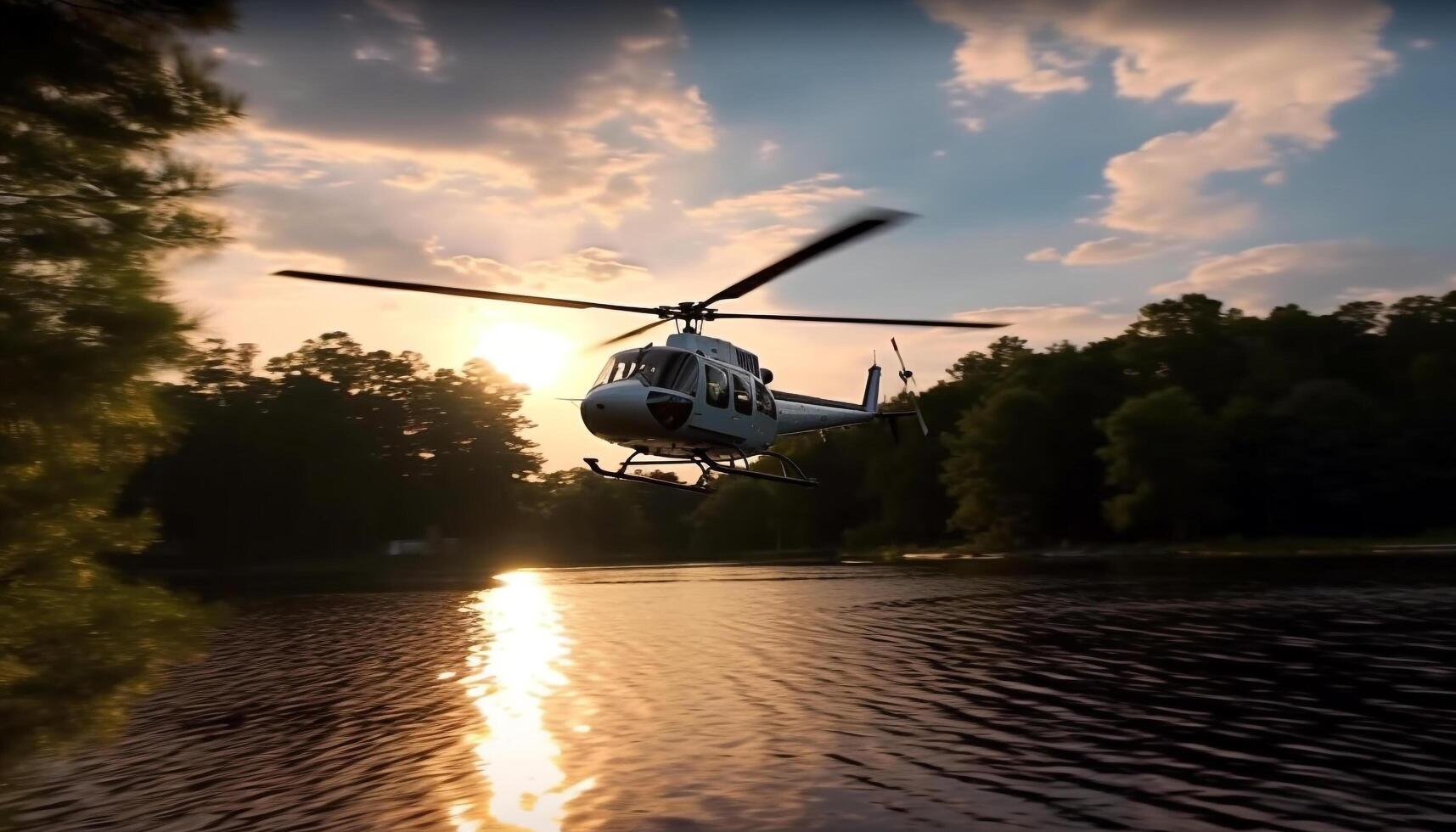 helicóptero vôo meio ar, hélice fiação, água refletindo, natureza azul Rapidez gerado de ai foto