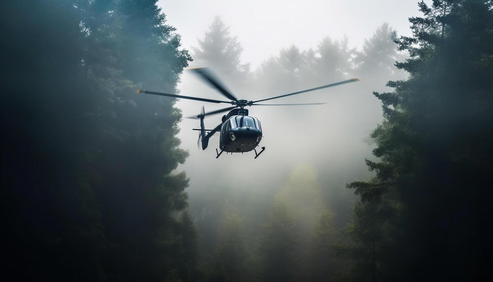 helicóptero vôo meio ar, hélice fiação, resgatando ao ar livre, pairando sobre floresta gerado de ai foto