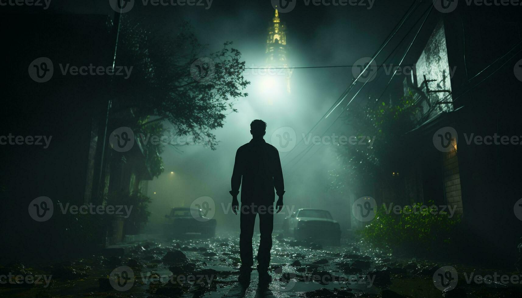 silhueta do homem de negocios caminhando através escuro, assustador floresta às noite gerado de ai foto