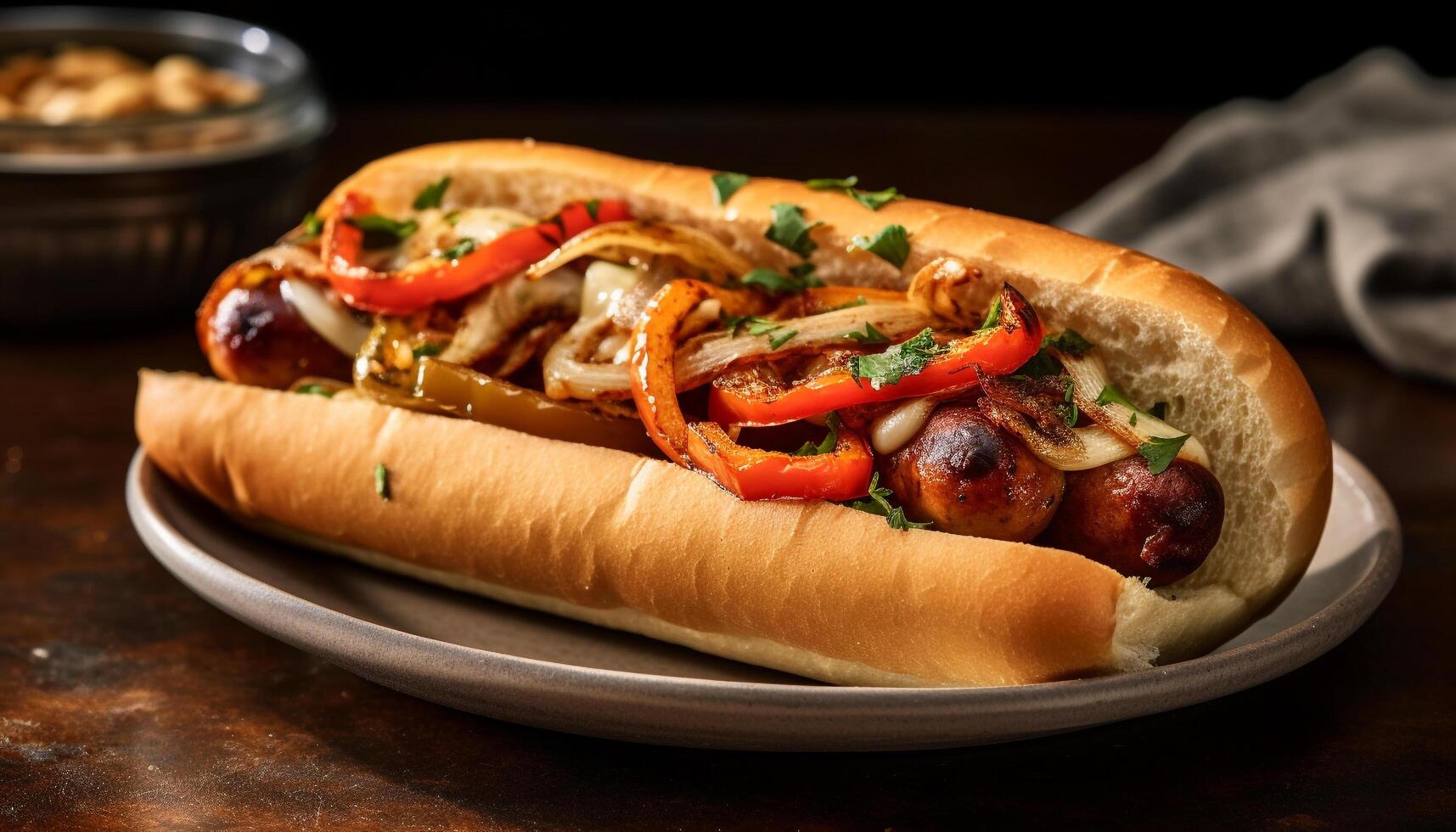 grelhado carne sanduíche com quente cachorro, fritas, e ketchup gerado de ai foto