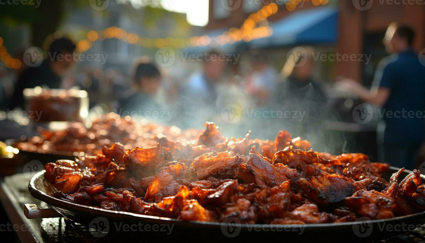 grelhado carne em fogo, churrasco festa, verão celebração, cidade refresco gerado de ai foto