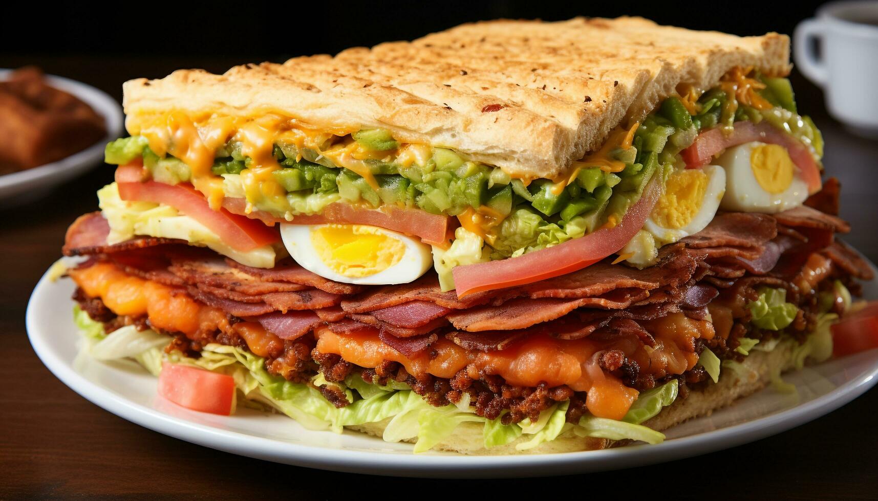 grelhado carne sanduíche com fresco tomate, guacamole, e queijo cheddar queijo gerado de ai foto