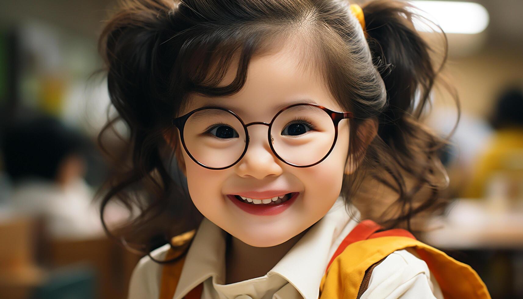 uma bonitinho, alegre menina sorridente, olhando às Câmera com confiança gerado de ai foto