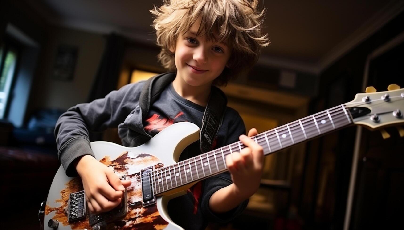 uma sorridente criança guitarrista jogando uma alegre afinação em etapa gerado de ai foto