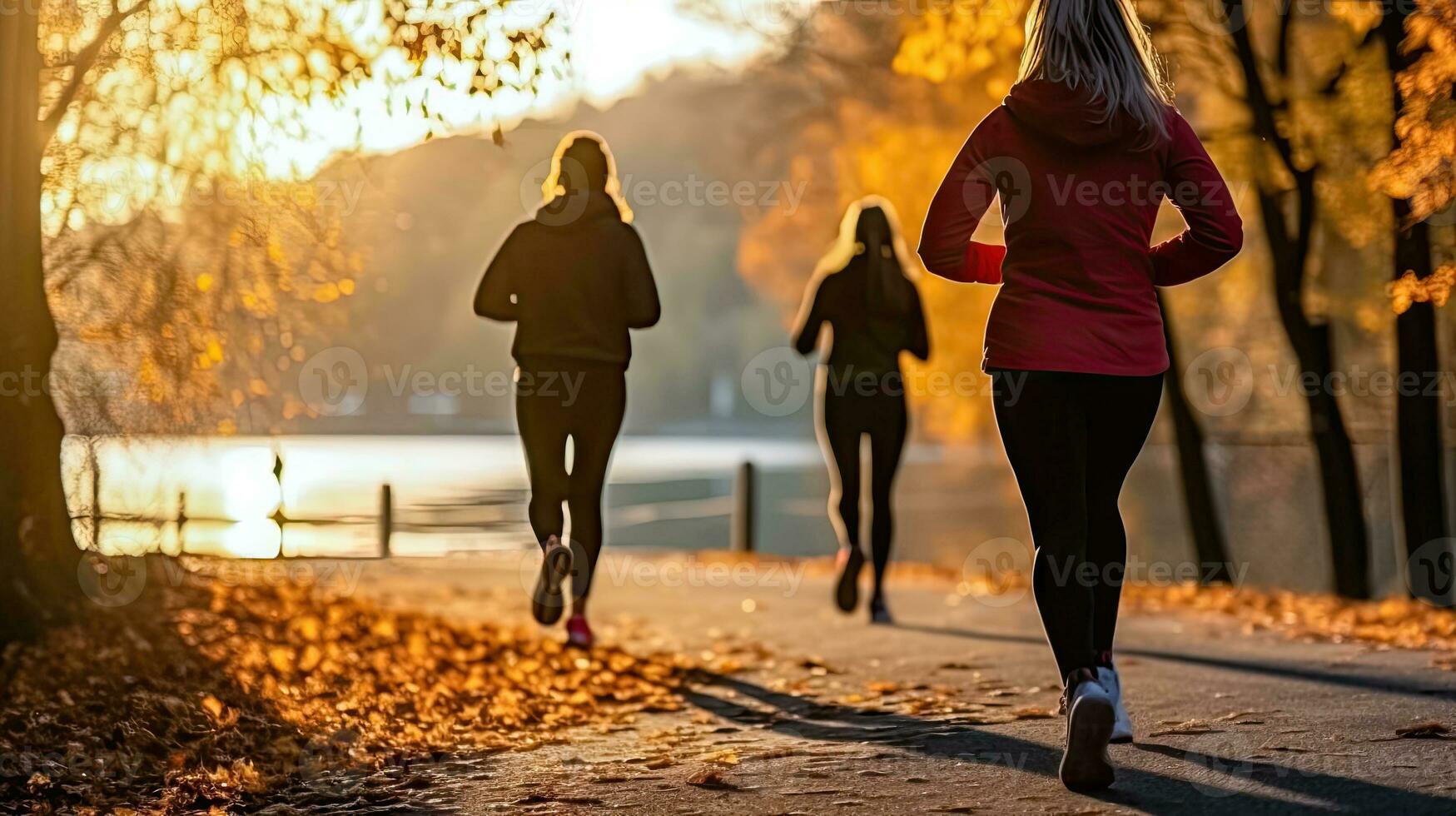 outono manhã ginástica - grupo do meninas corrida dentro a parque - generativo ai foto