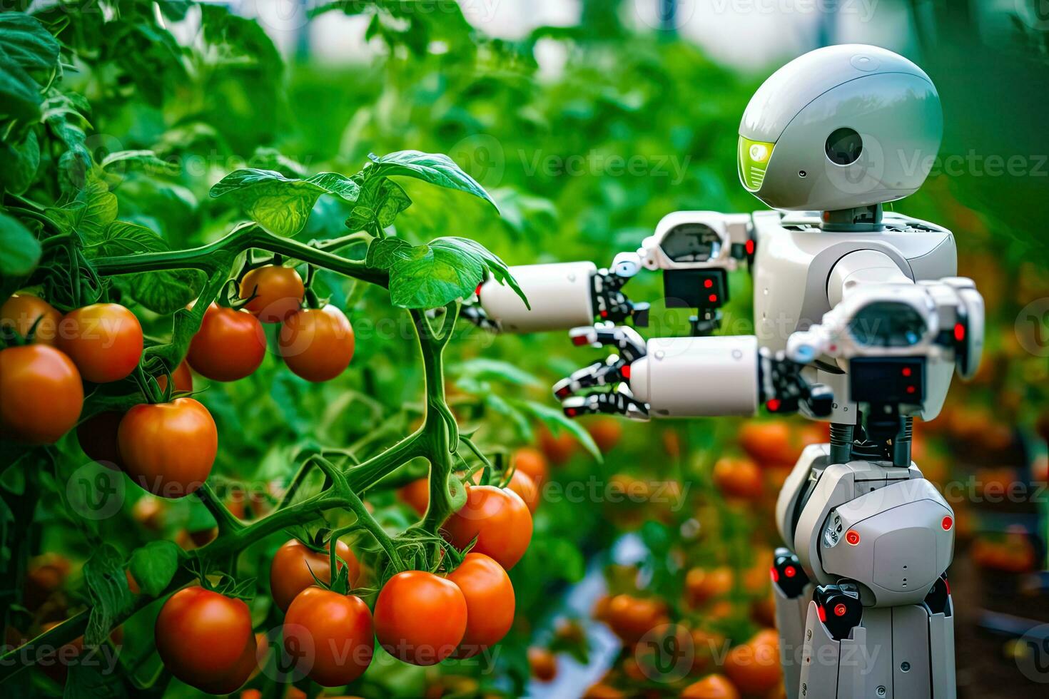 tomate colheita inovação - robô cyborg maximiza eficiência dentro estufa - generativo ai foto