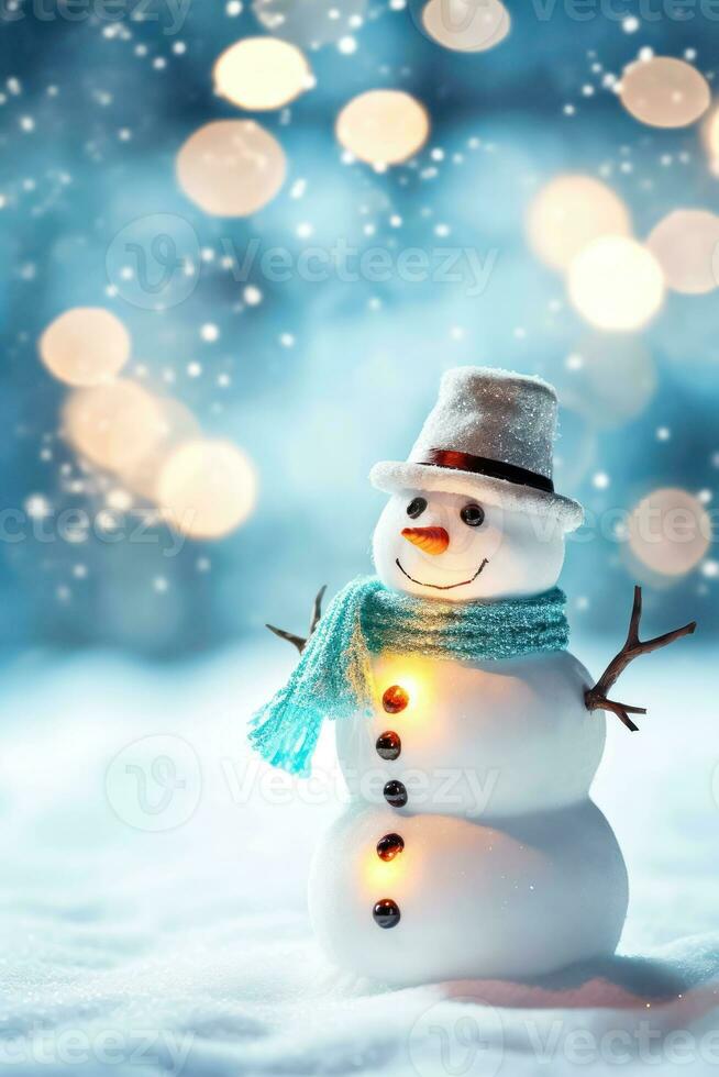 alegre boneco de neve dentro uma bokeh fantasia - generativo ai foto