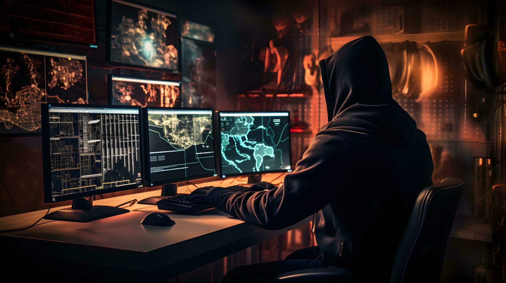 segurança analista tentando brigando cyber crime. cyber hacker com computador. ai gerado foto