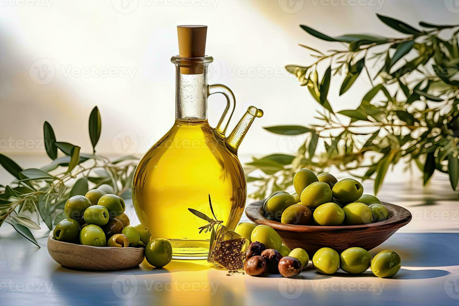da natureza recompensa - fresco Oliva óleo e maduro azeitonas com Oliva árvore galhos - generativo ai foto
