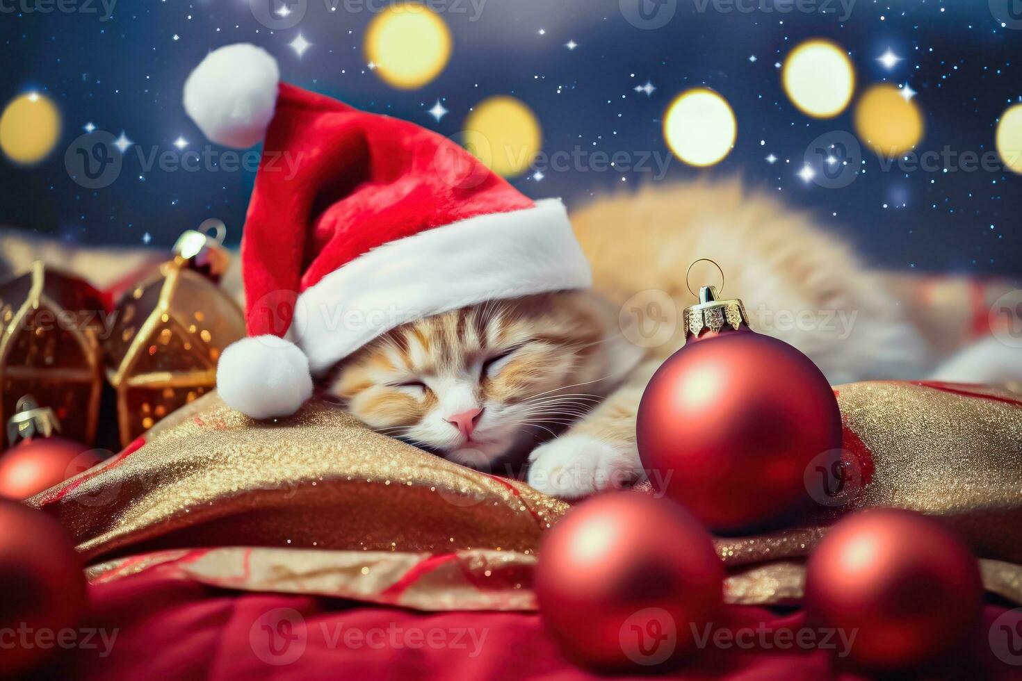 adorável gengibre gatinho dormindo dentro santa chapéu entre Natal decorações - generativo ai foto