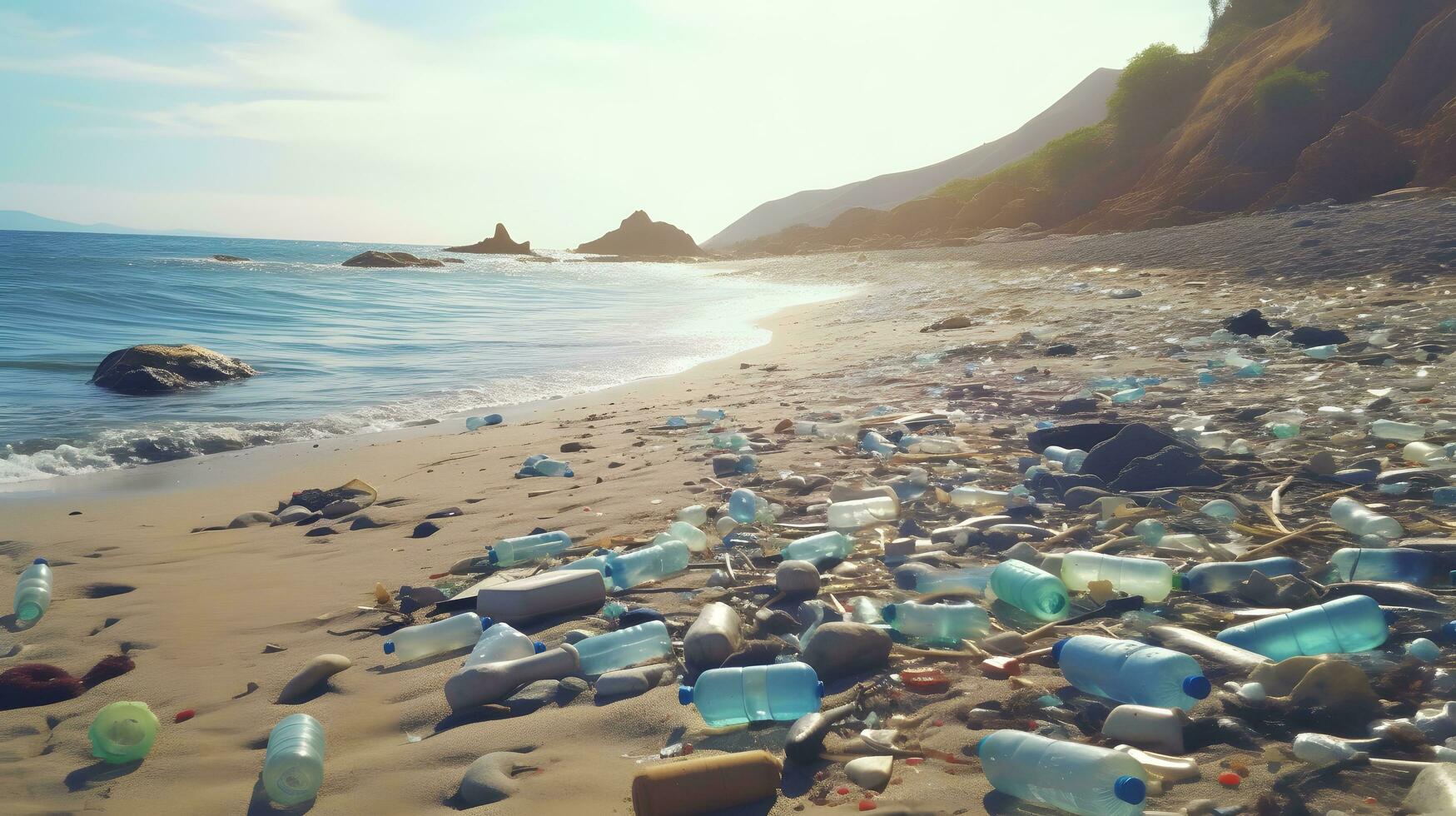 plástico garrafas em a de praia com água e pedras foto