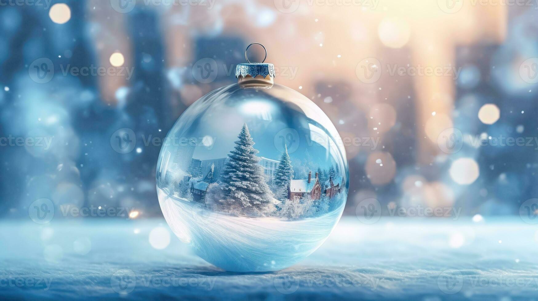 Natal decoração com vidro bola e Nevado cidade - generativo ai foto