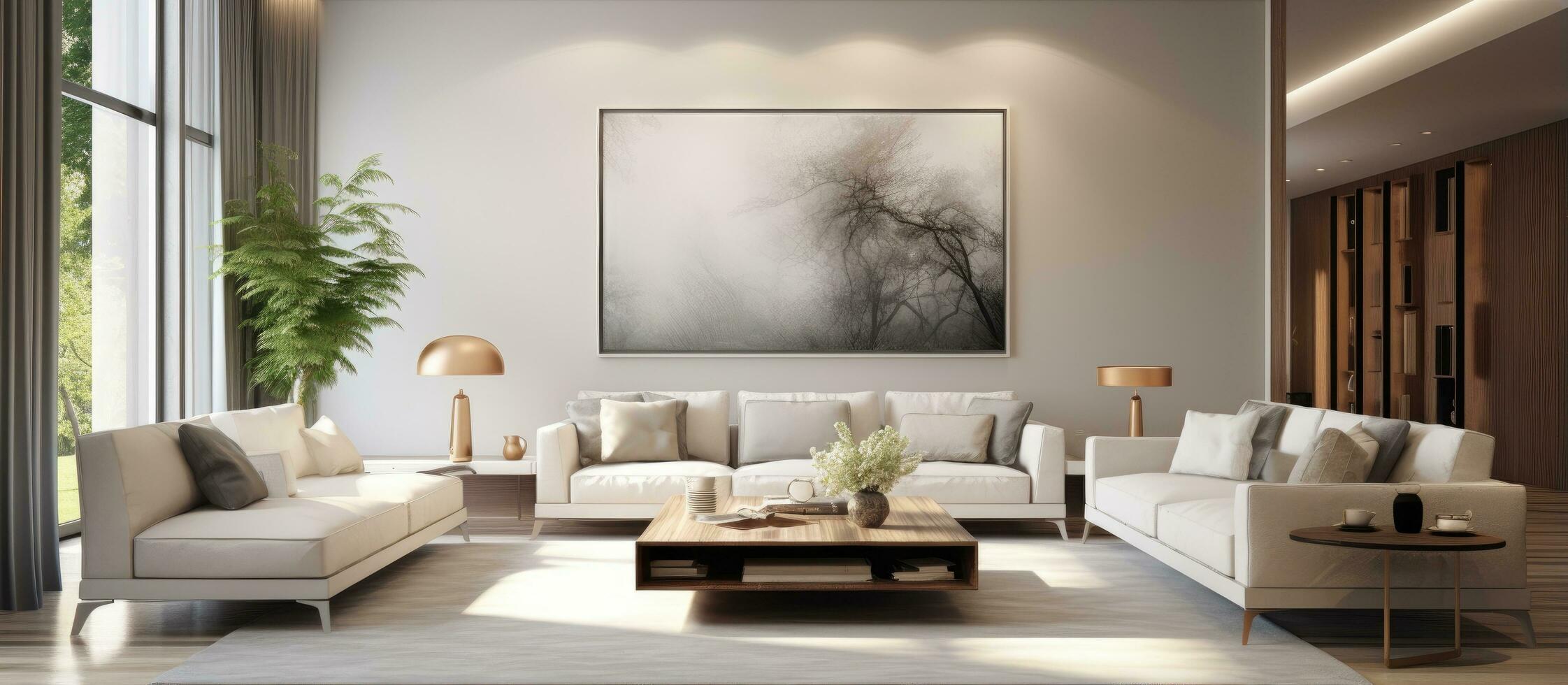 branco minimalista quarto com sofá dentro escandinavo interior Projeto retratado dentro uma ilustração foto