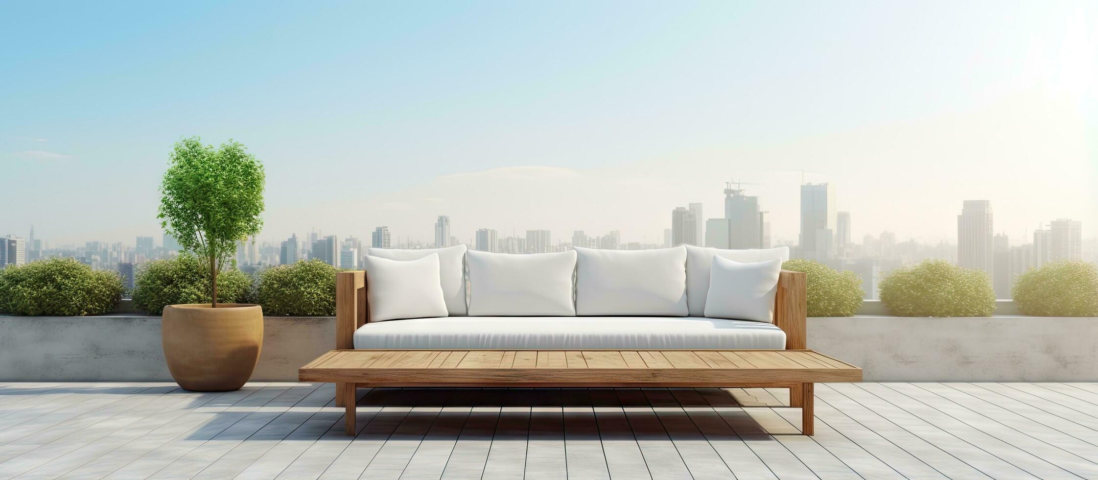 construção terraço com uma sofá e café mesa foto