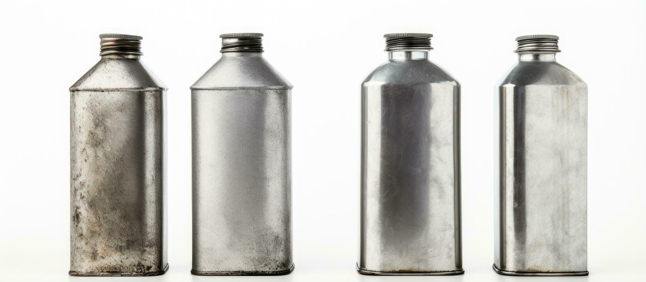 três metálico garrafas exibido em uma avião branco superfície foto