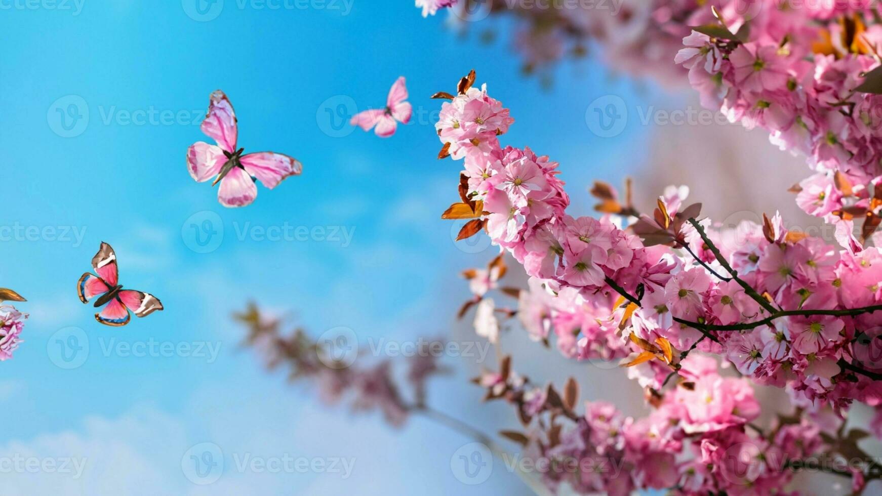 Rosa cereja flores. Primavera bandeira, galhos do florescendo cereja contra fundo do azul céu e borboletas em natureza ao ar livre. ai generativo. foto