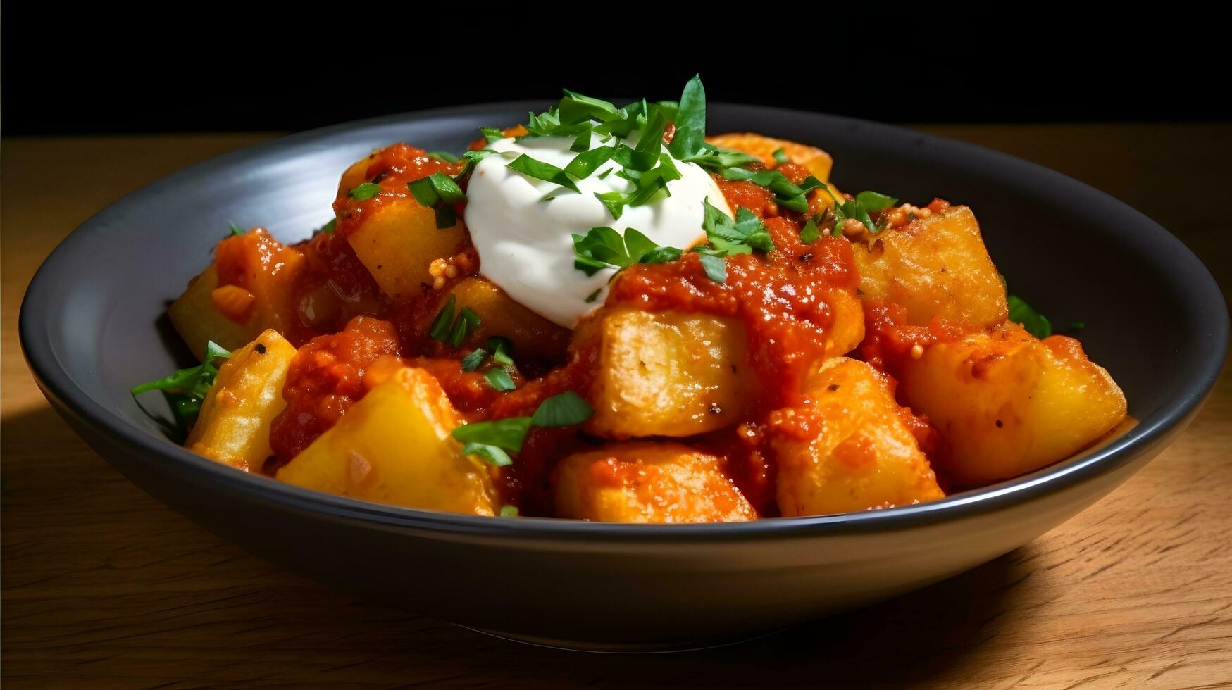 batatas com molho e guarnição, enfeite, adorno dentro uma Preto tigela foto