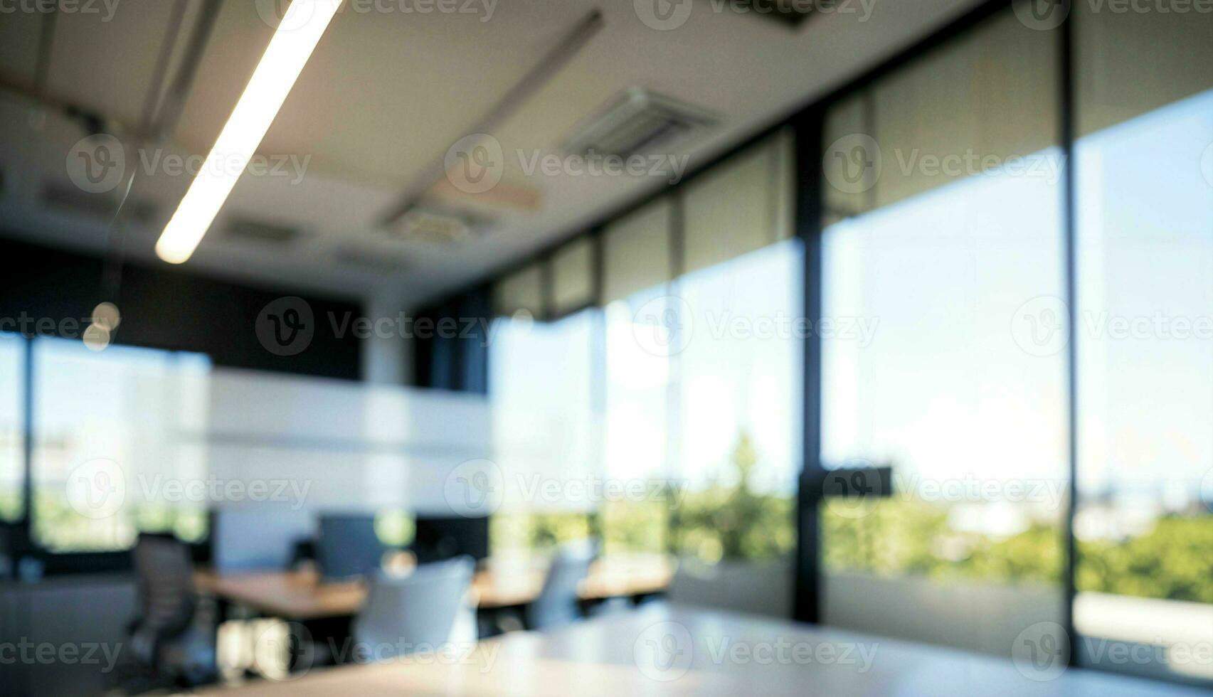 borrado fundo do uma luz moderno escritório com panorâmico janelas e lindo iluminação ai gerado foto