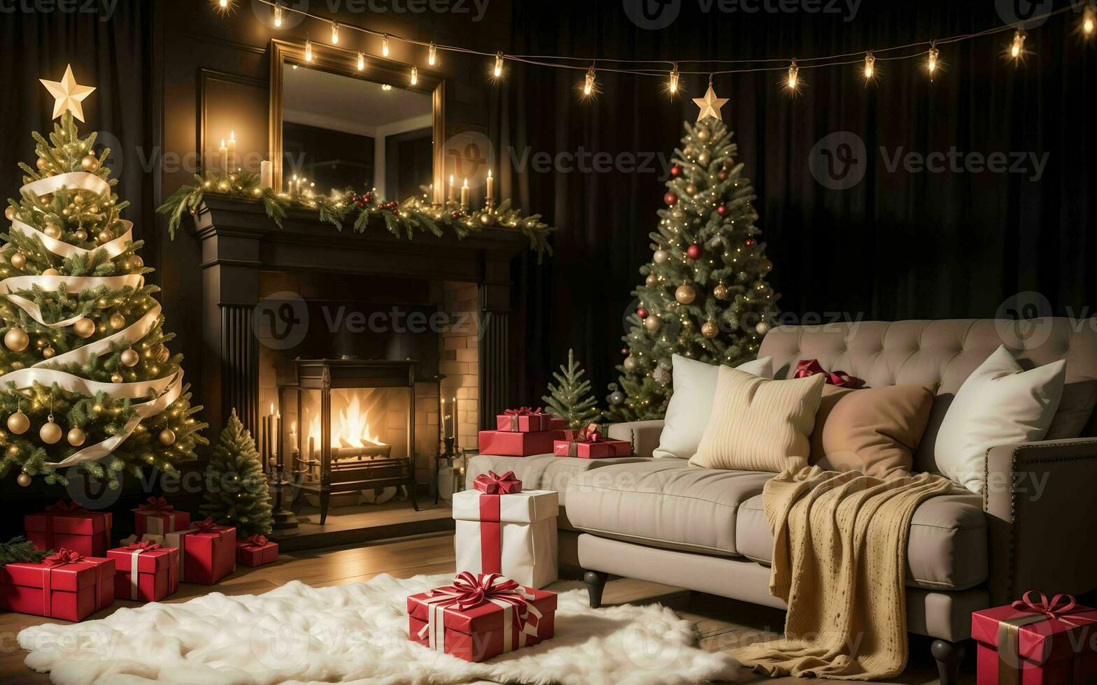 abraço a calor e alegria uma acolhedor vivo quarto decoração para uma mágico Natal ai gerado foto