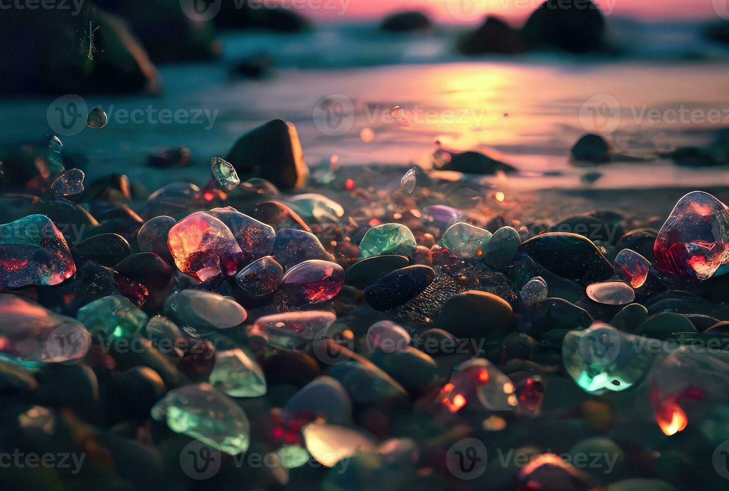 mágico pôr do sol em vidro pedras praia, mar. generativo ai foto