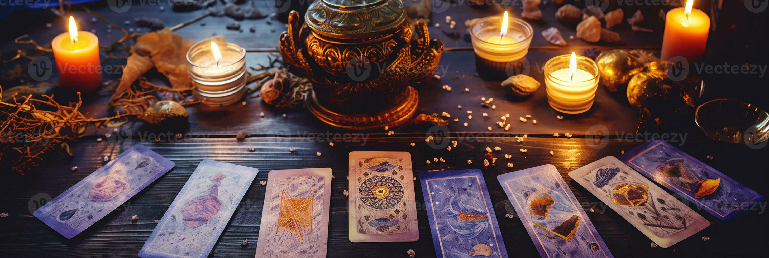 místico ritual com velas e tarot cartões, topo Visão foto