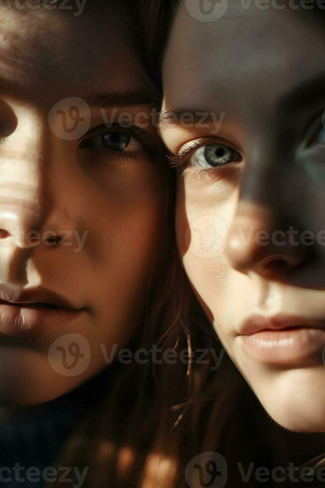 retrato do dois Loiras mulheres, fechar-se, natural suave iluminação, ai gerado arte foto
