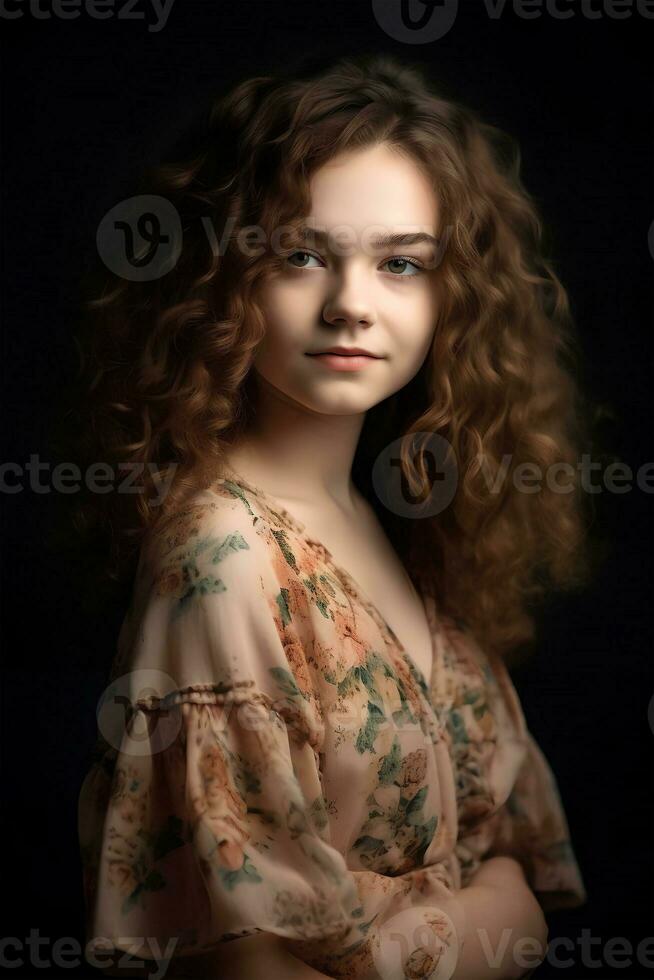 retrato do uma jovem menina com encaracolado vermelho cabelo, fechar-se, natural suave luz, ai gerado arte foto