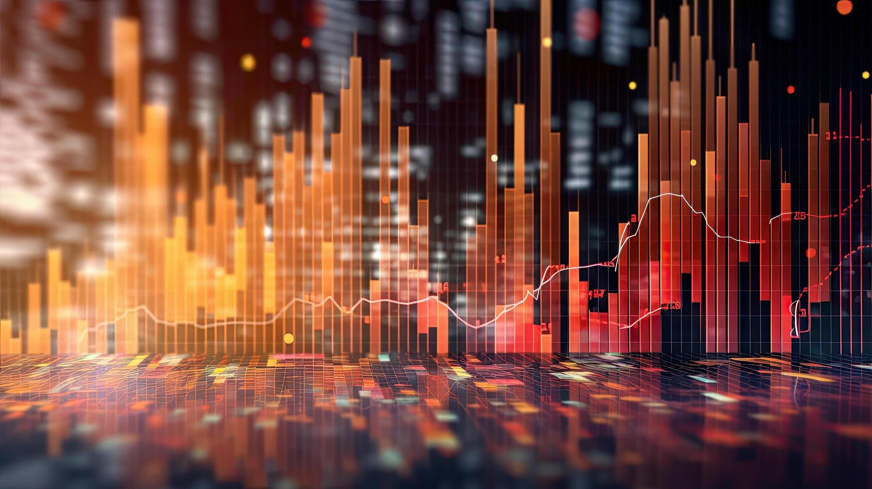 Duplo exposição do o negócio financeiro investimento e gráfico com cidade e econômico fundo, investir dentro estoque mercados conceitos, dados indicadores análise, com generativo ai. foto