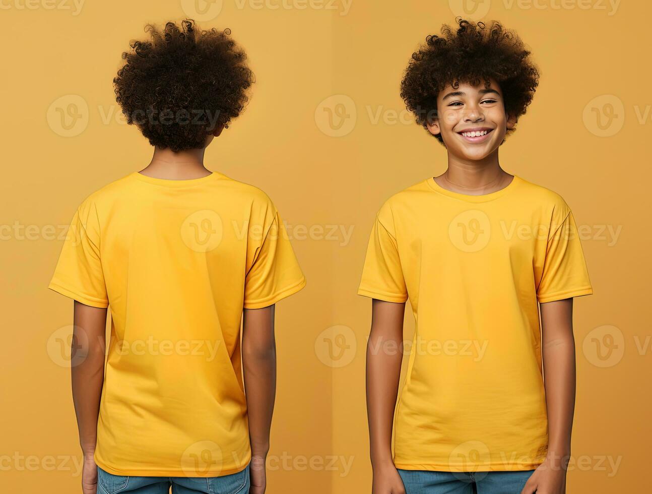 frente e costas Visualizações do uma pequeno Garoto vestindo uma amarelo camiseta. ai gerado foto