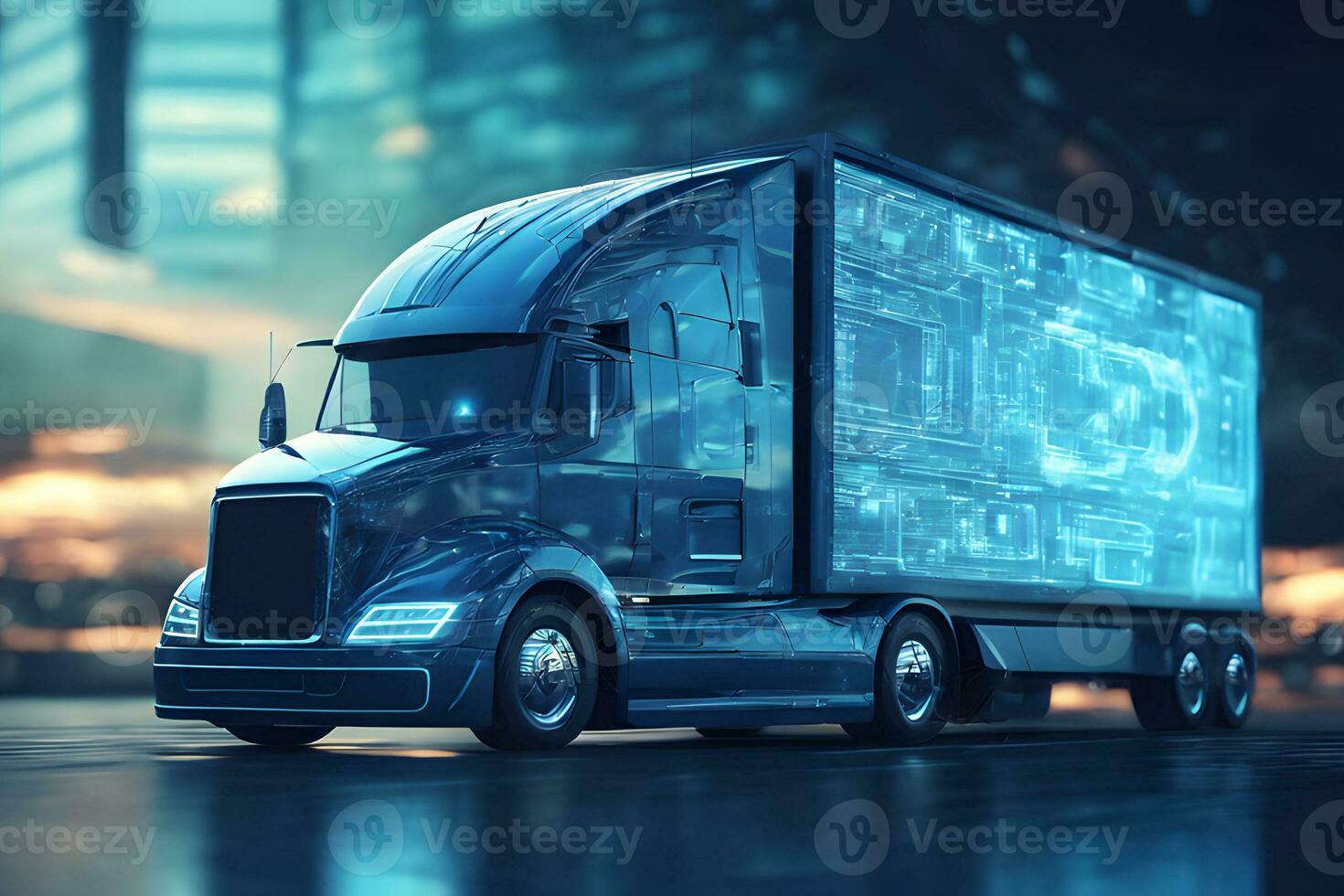 trator caminhão. 3d ilustrador Renderização caminhão furgão. rodovia estrada. futurista cidade Sombrio azul fundo. transporte, logística Remessa conceito. digital poligonal holograma.ai gerado foto