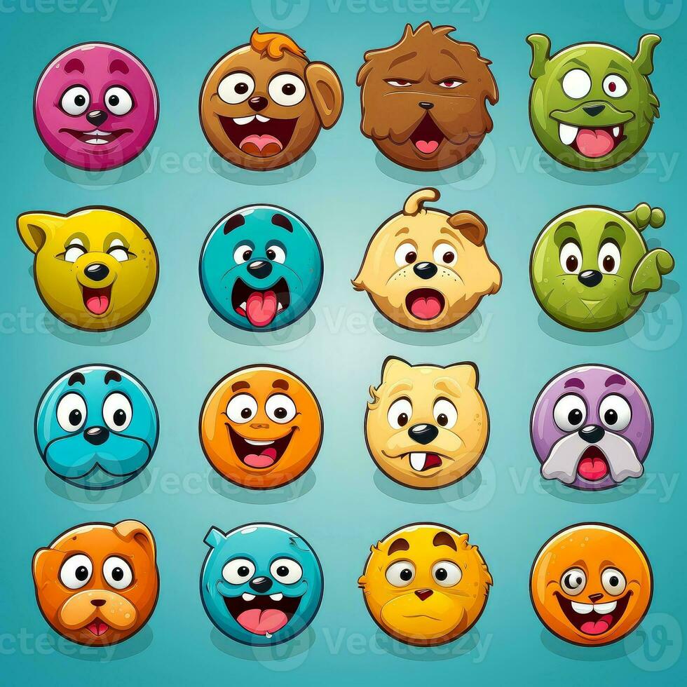 conjunto do animal rostos, face emojis, adesivos, emoticons, desenhos animados engraçado mascote personagens face definir, generativo ai ilustração foto