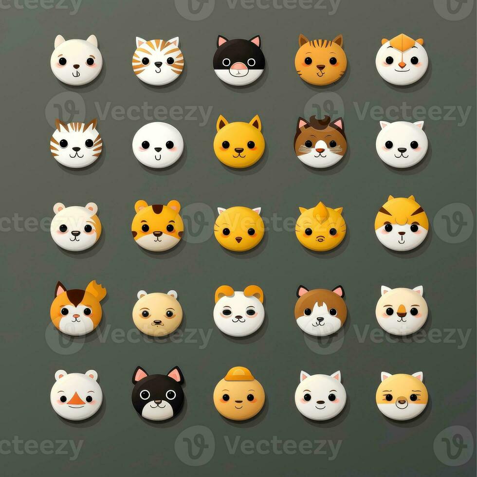 conjunto do animal rostos, face emojis, adesivos, emoticons, desenhos animados engraçado mascote personagens face definir, generativo ai ilustração foto