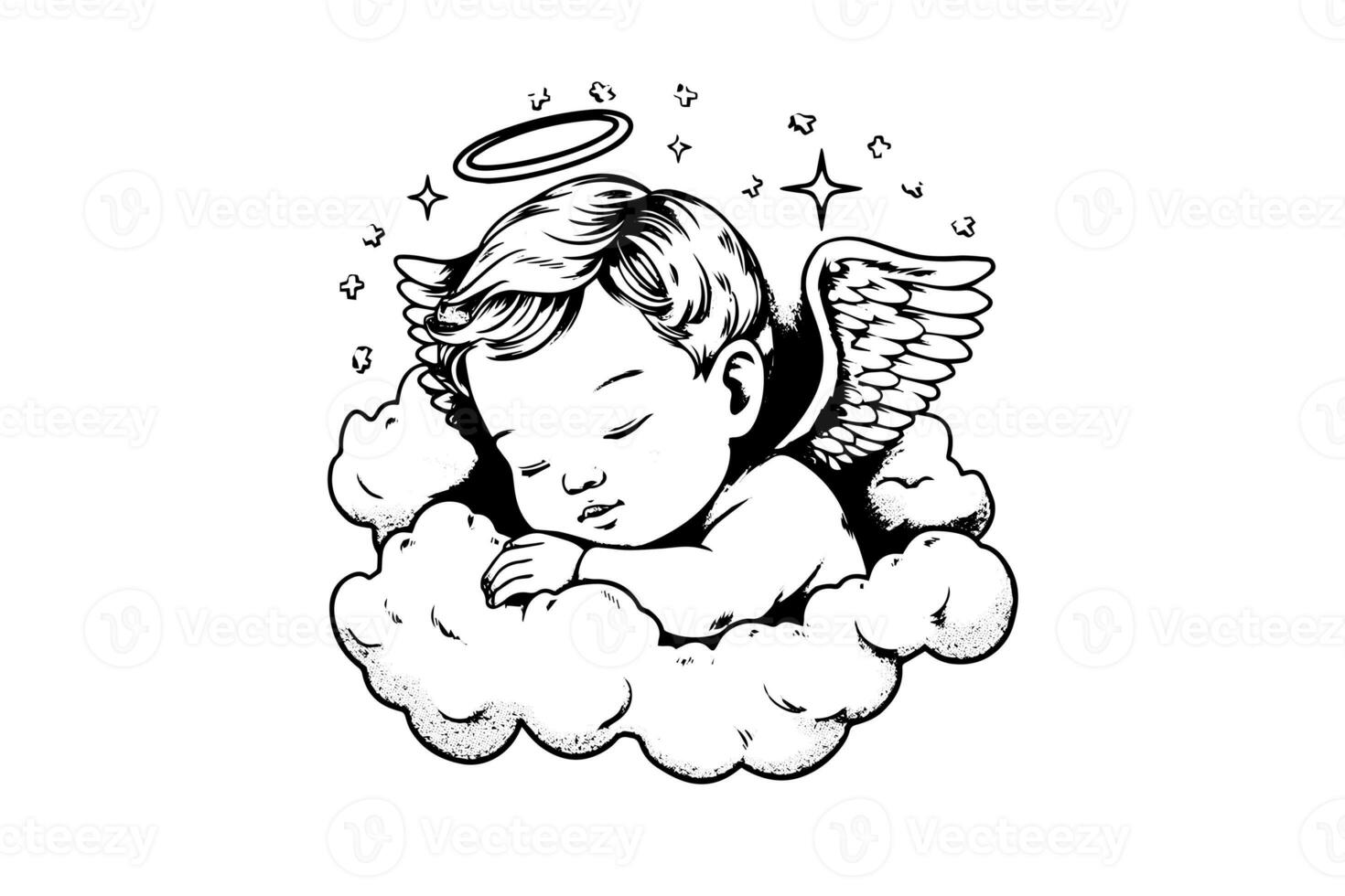 mão desenhado gravação esboço do fofa pequeno anjo dormir em uma nuvem. vetor ilustração. foto