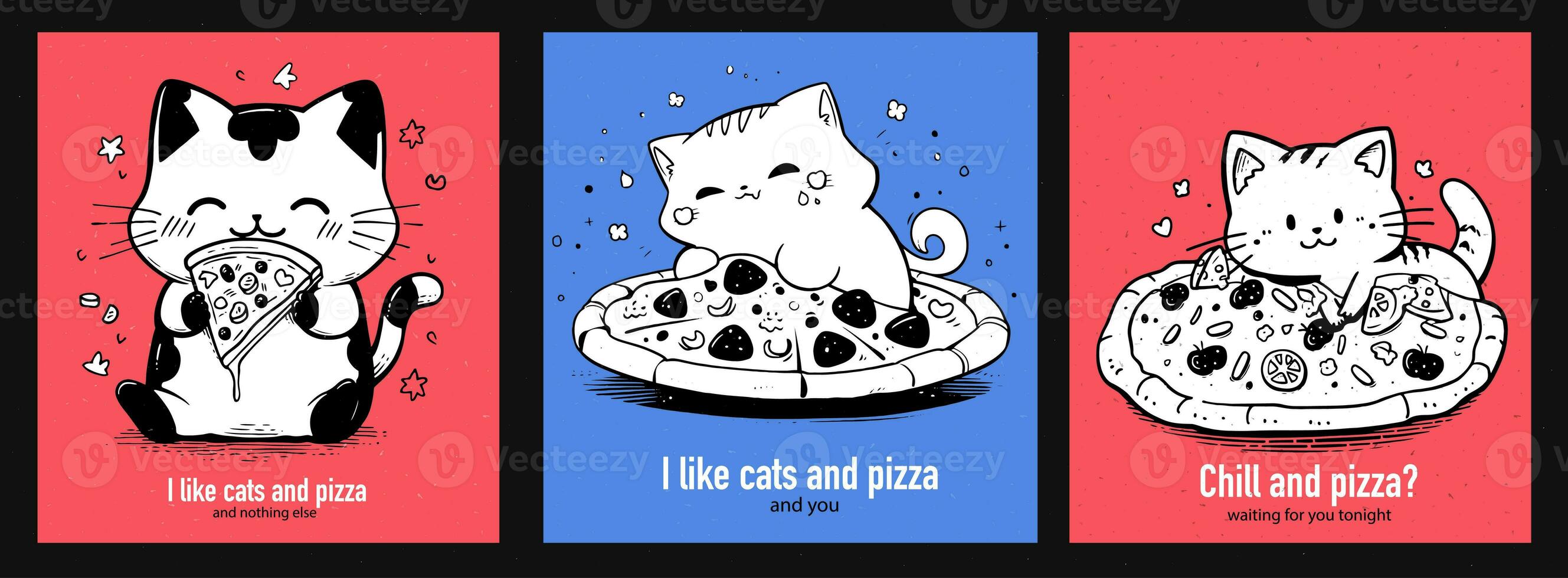conjunto do impressões com gatos e pizza em vermelho e azul fundo. modelo para Postagens para social redes. bandeira para anúncio, cobrir para cardápio. foto