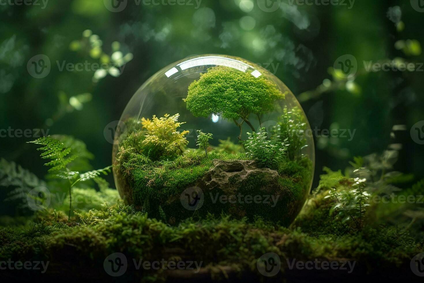 uma cristal globo com uma árvore. natural fundo. ensolarado brilhante iluminação. fotorrealista ilustração. ecológico conceito. terra dia. ai gerado ilustração. foto